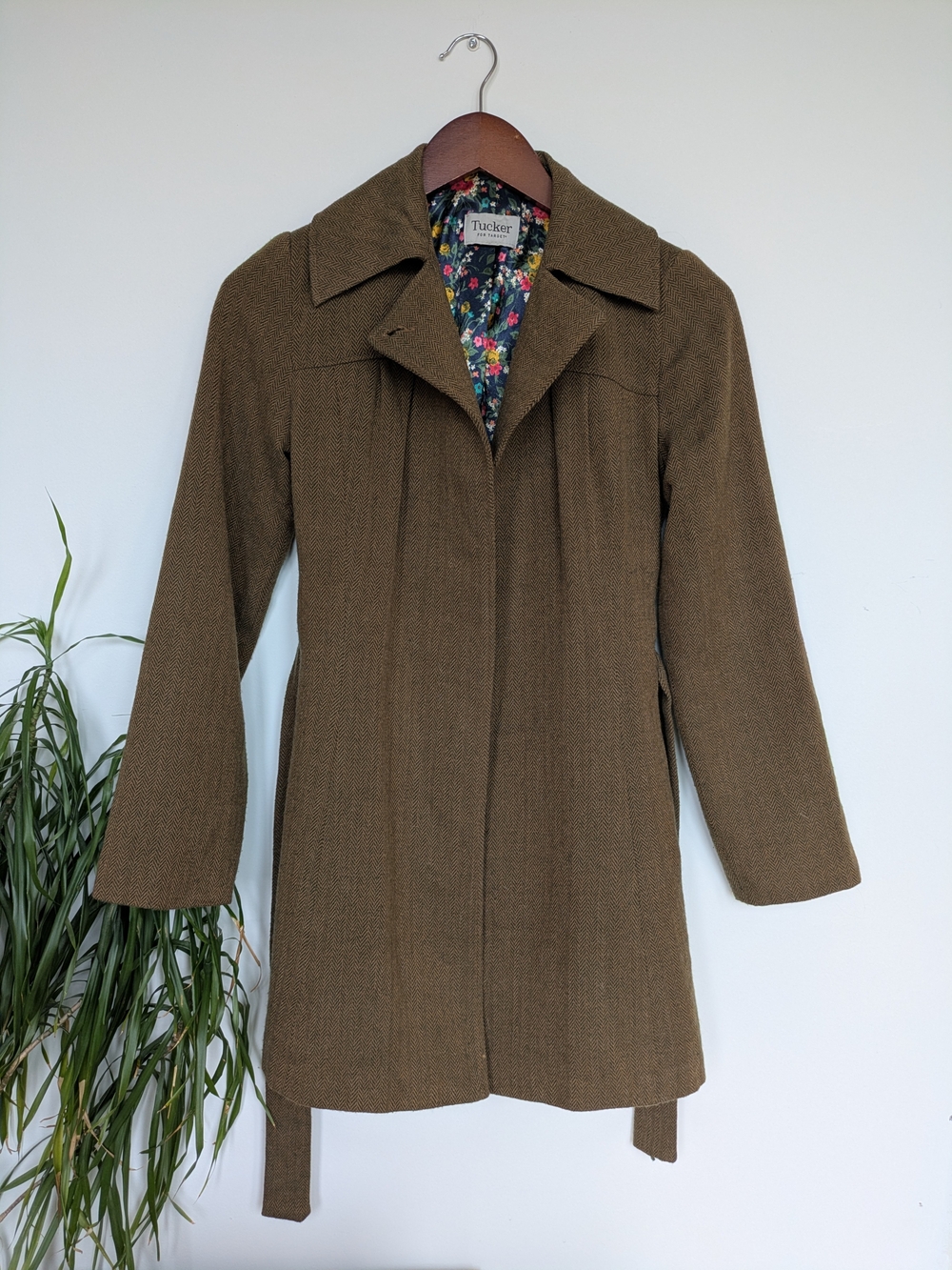 Tucker for Target Brown Herringbone Belted Coat with Floral Lining XS